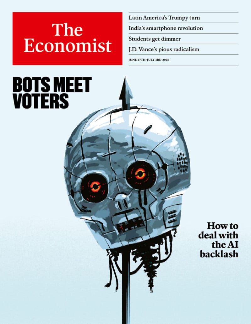 《经济学人》2026 年 6 月 27 日刊封面,以"BOTS MEET VOTERS"为主视觉,呈现一颗被插在尖桩上的机器人头颅,呼应 AI 反弹议题