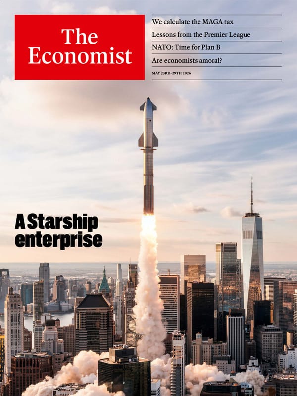 《经济学人》2026 年 5 月 23 日刊封面,红底白字"ROCKET MAN"配 SpaceX 星舰图形